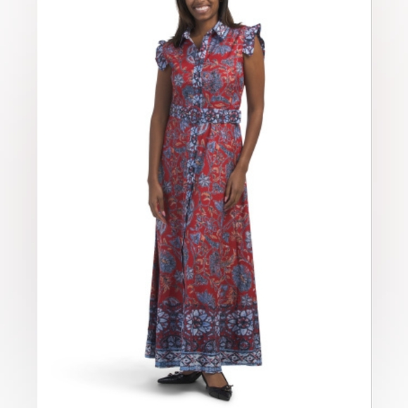 Dalia Macphee | Dresses | Nwt Dalia Macphee Ruffle Sleeve Belted Red ...